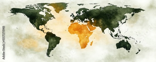 Artistic world map with a watercolor texture, highlighting continents in green and orange shades on a light background.