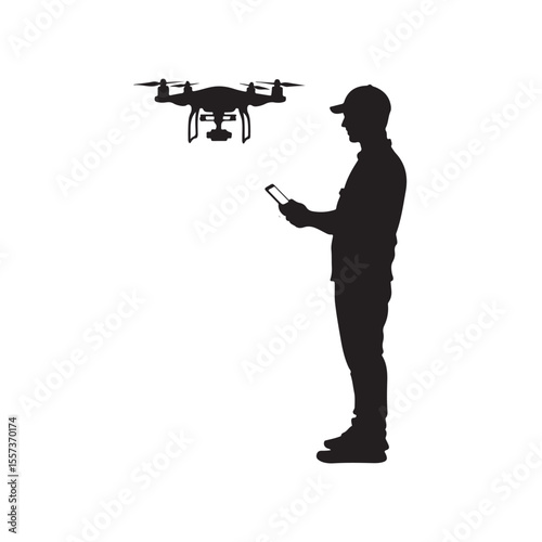 man operating drone silhouette, man operating drone vector silhouette illustration, photographer with drone silhouette vector, Silhouette of Person Operating a Drone with Remote Control