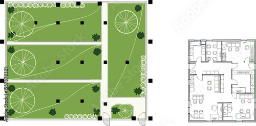 Modern architectural top view plan, green landscape, garden layout, house floor plan, site planning, outdoor and indoor space design

 flat vector illustration