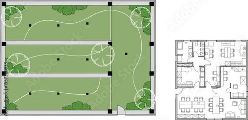 Top view architectural floor plan with garden layout, building interior, office space, greenery elements, landscape design, vector drawing

 flat vector illustration