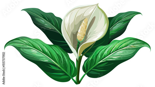 Peace lily with glossy, deep green leaves and one elegant white spathe, close-up view showing the natural curves and subtle highlights, gently diffused light on a white surface.

