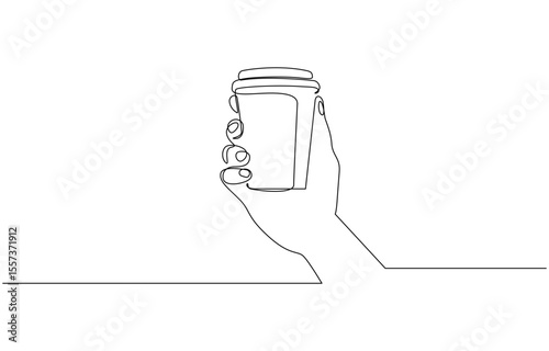 Continuous line drawing of a hand holding a coffee bottle, Coffee take away one line continuous. Simple and elegant continuous line art, perfect for tranquil and cozy themes. Editable stroke