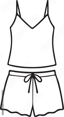 Simple black and white outline drawing of a pajama set silhouette