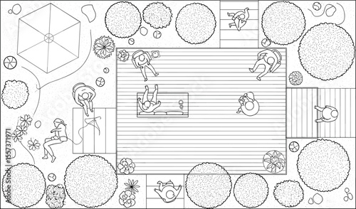  Top view garden illustration with people relaxing, outdoor umbrella, plants, pathway, landscape design, patio area, vector line art

flat vector illustration