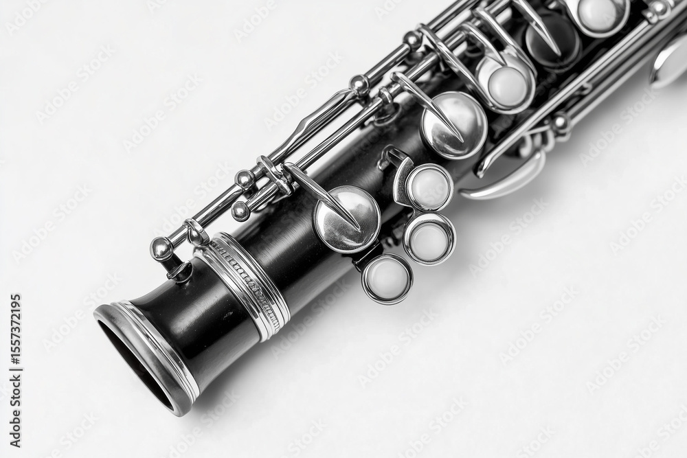 Naklejka premium Silver flute, a woodwind orchestral musical instrument, isolated on black or white