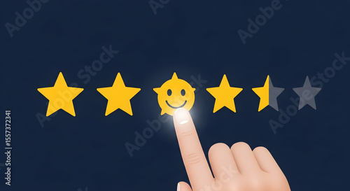 Hand selecting a smiley face star among five stars on a dark blue background on transparent background