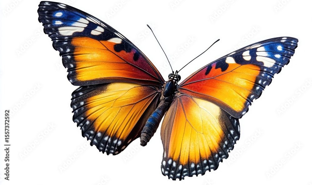 Obraz premium Close-up of a vibrant butterfly in flight, wings spread wide, displaying orange, yellow, blue, and black patterns