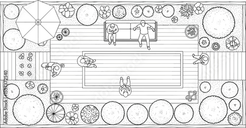 Top view garden illustration, people relaxing, trees, flowers, outdoor seating area, terrace layout, landscape design, patio vector, summer scene

 flat vector illustration