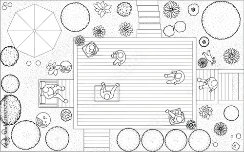  Top view of landscaped garden, people relaxing, plants, outdoor furniture, trees, patio, umbrella, social space, vector drawing, illustration

flat vector illustration