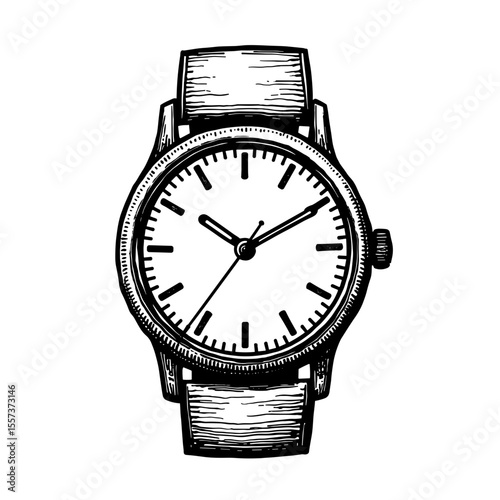Analog wristwatch illustration for timepiece product catalogs and vintage watch branding