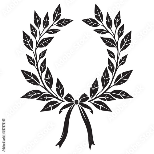 Black silhouette of a laurel wreath with a bow and ribbons on a white background
