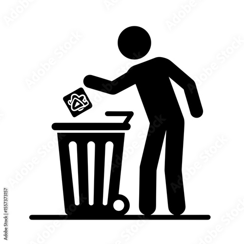 Man throwing trash into bin icon. Concept of recycling environment and waste management