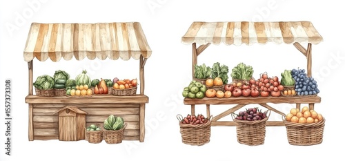 Two rustic wooden fruit and vegetable stands, filled with colorful produce, under striped awnings