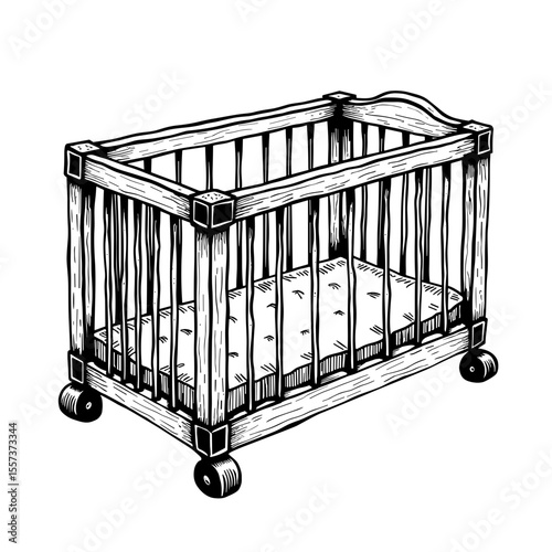 Baby crib with bars sketch for nursery product catalogs and baby furniture branding