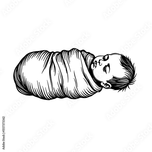 Swaddled newborn baby sketch for parenting visuals and baby product branding