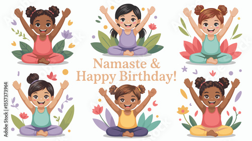 Cartoon Girls Practicing Yoga with Flowers and Foliage Wishing a Happy Birthday in Neutral Tones