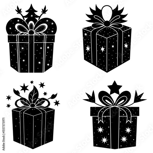 Four black and white gift boxes with bows and star decorations for holiday celebrations and gifting