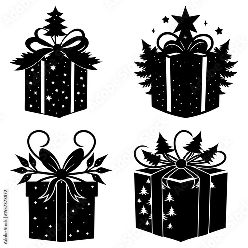 Silhouette illustration of four christmas presents with bows and tree or star toppers design