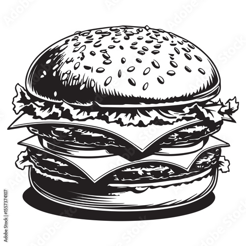 Bold black and white illustration of a double cheeseburger with sesame seeds