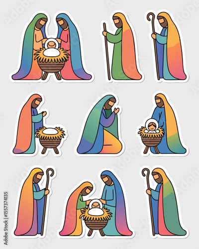 Cartoon Nativity Stickers Mary, Joseph, and Baby Jesus in Manger Decorations