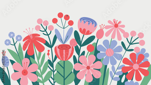 Colorful Floral Illustration Pink, Red, and Blue Flowers with Green Leaves on White
