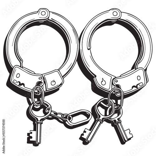 Pair of handcuffs with two keys attached by a chain on a white background
