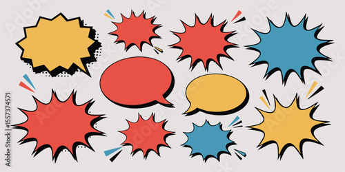 Comic Style Speech Bubbles in Red, Yellow, and Blue, with Action Lines on a Neutral Background