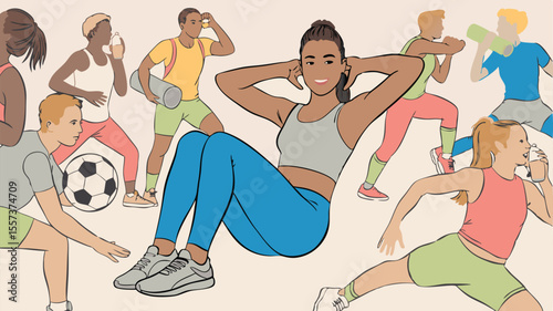 Diverse Group Exercising Woman Doing Crunches, Others Jogging, Stretching, Soccer, Water Bottles, Yoga Mat