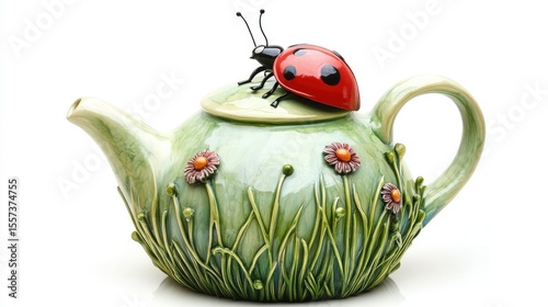 Cute whimsical detailed garden teapot with 3d grass design along the bottom and a large ladybug on the handle on white background 