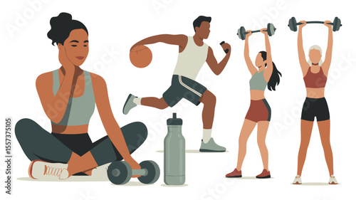 Illustrated Athletes Weightlifting, Basketball Player, Yoga and Dumbbell Exercises for Health and Wellness