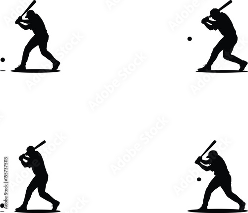Silhouette of Baseball Player Batting with Ball