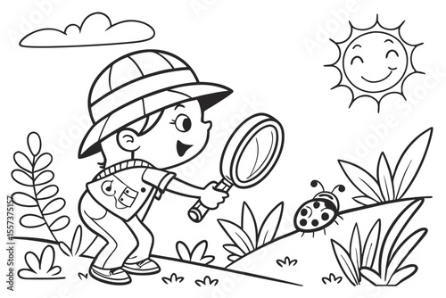 an adventurous child holding a magnifying glass for coloring book, coloring page, kids