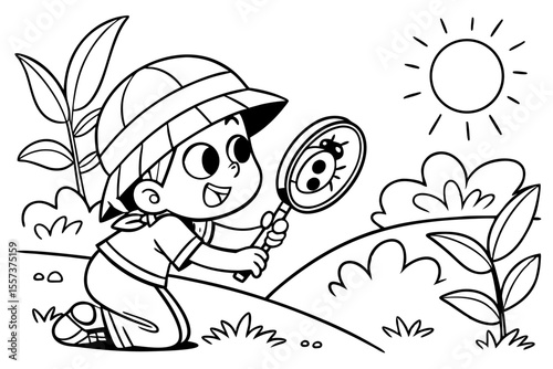 an adventurous child holding a magnifying glass for coloring book, coloring page, kids