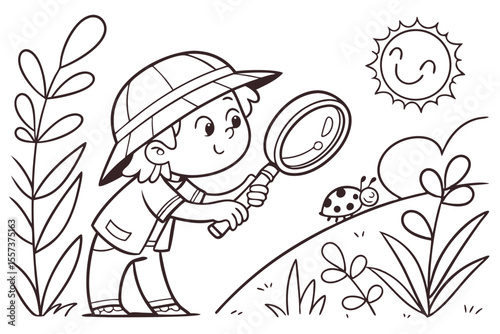 an adventurous child holding a magnifying glass for coloring book, coloring page, kids