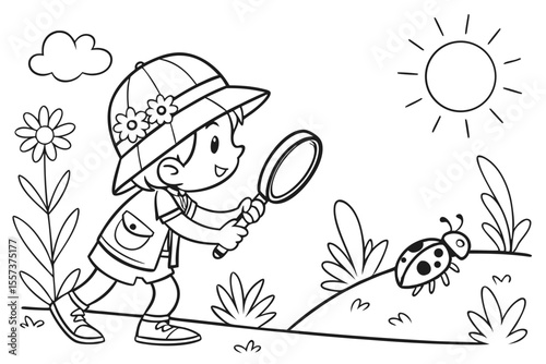 an adventurous child holding a magnifying glass for coloring book, coloring page, kids