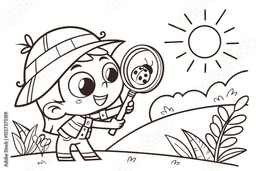 an adventurous child holding a magnifying glass for coloring book, coloring page, kids