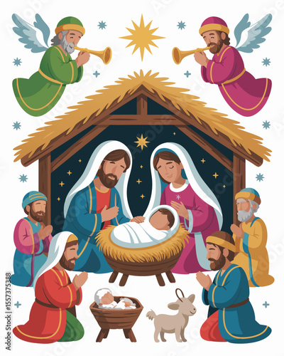 Nativity Illustration with Baby Jesus, Mary, Joseph, Angels, Shepherds, and Stable Setting