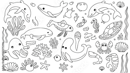Ocean Animals Coloring Page Featuring Dolphins, Whales, Octopus, Seahorse, Starfish, Shells, and Coral Designs