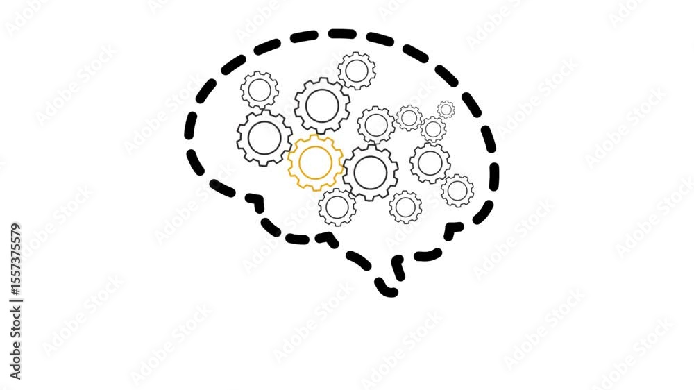 Animated human brain with rotating gears inside, symbolizing thinking, problem-solving, innovation, and mental processes. Conceptual 3D motion graphic.