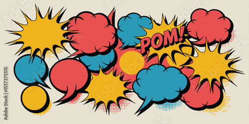 Retro Comic Book Style Speech Bubbles with Pom! Text in Yellow and Red