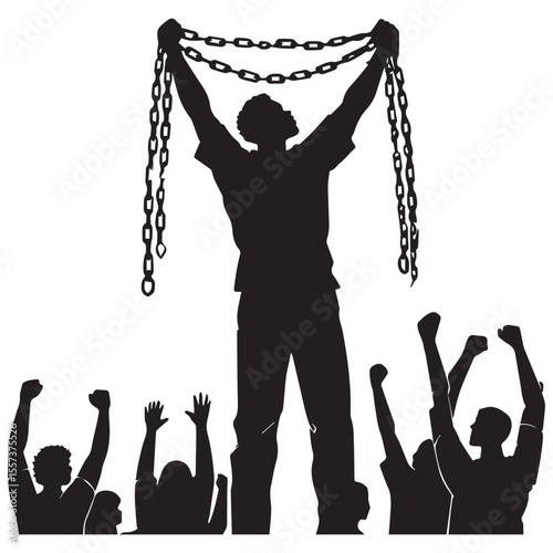 Silhouette of a person breaking chains above a cheering crowd of people raising their fists