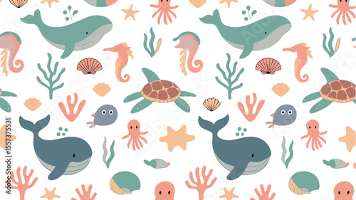Seamless Pattern with Whales, Sea Turtles, Seahorses, Shells, and Octopuses on White Background