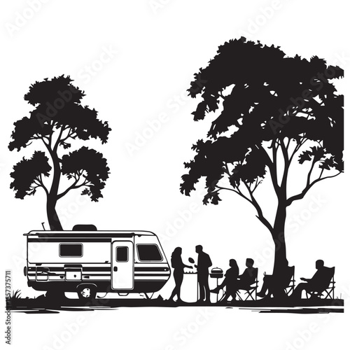 Family enjoying a barbecue and camping trip with a camper trailer under trees