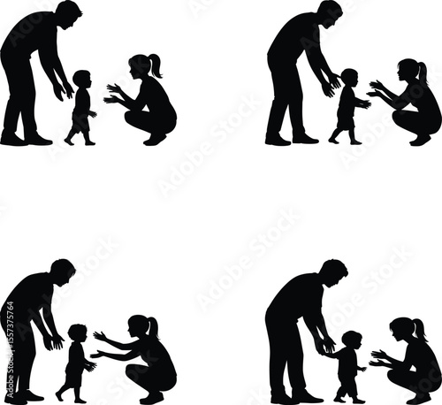 Silhouette of Parents Teaching Toddler to Walk