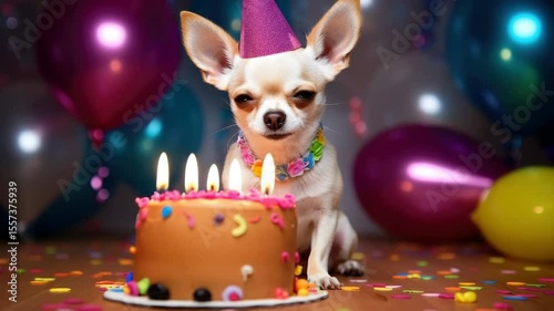 A festive chihuahua pup in a party hat enjoying birthday cake.