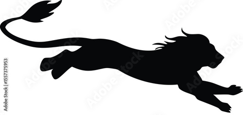 Dynamic silhouette of a jumping lion depicting strength and agility on white background