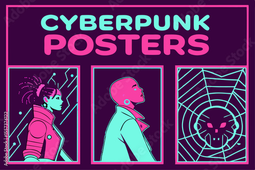 Maximalist Cyberpunk Dog Poster Set with Bold Colors and Vector Illustration