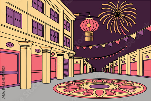 Vibrant Diwali Street Festival Vector Illustration with Traditional Decorations and Celebratory Atmosphere