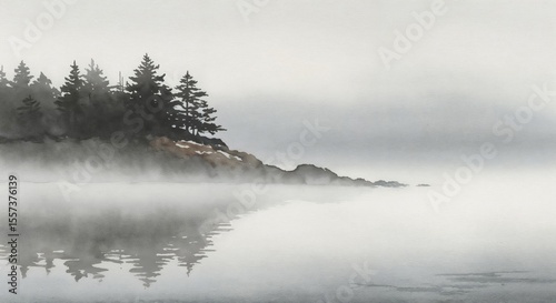 Watercolor forest headland landscape minimal background with misty reflections for wall art and design