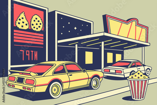 Retro 80s Drive In Vector Illustration with Neon Cars and Vintage Style